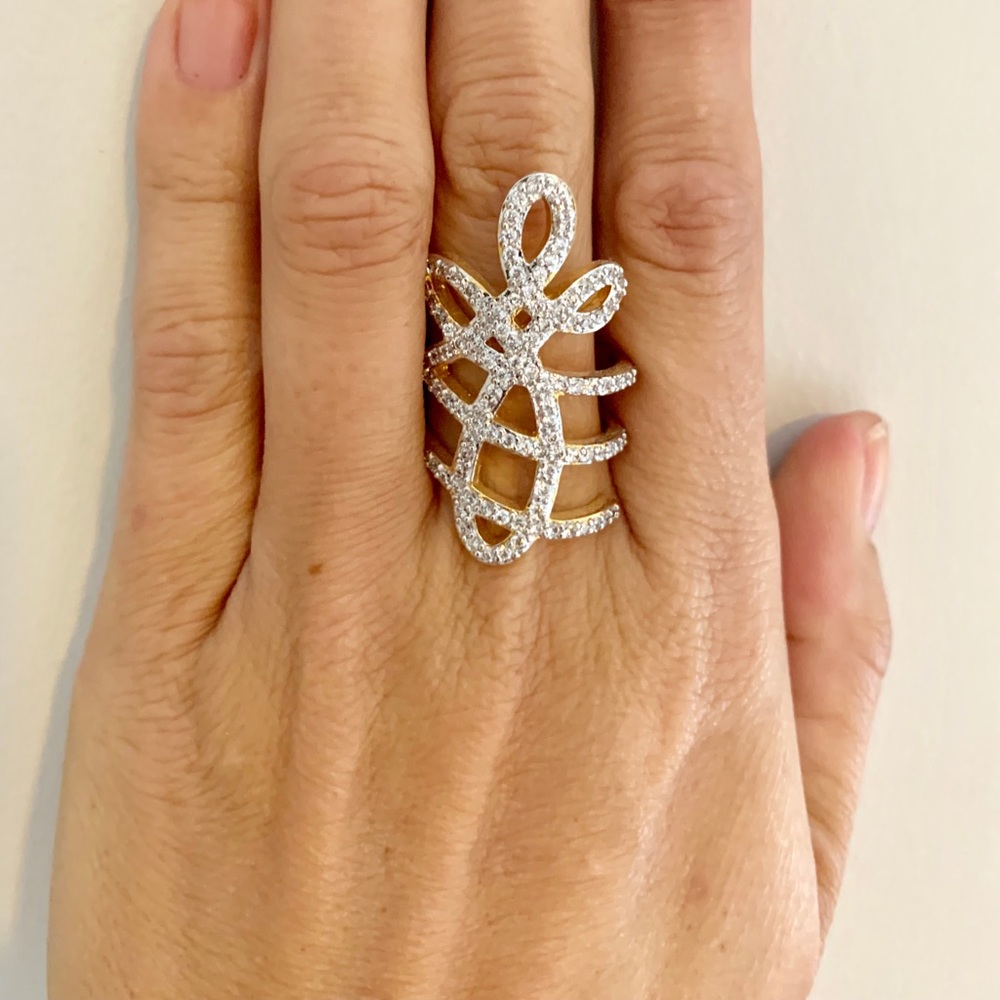 Gold plated white crystal free form ring size 8